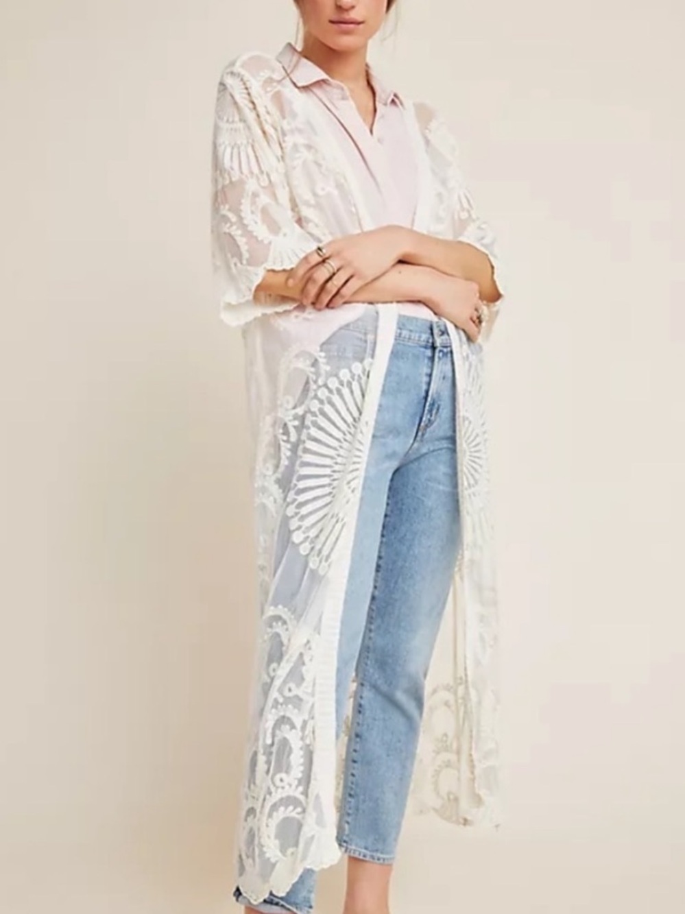 White Sheer Embroidered Lace Kimono